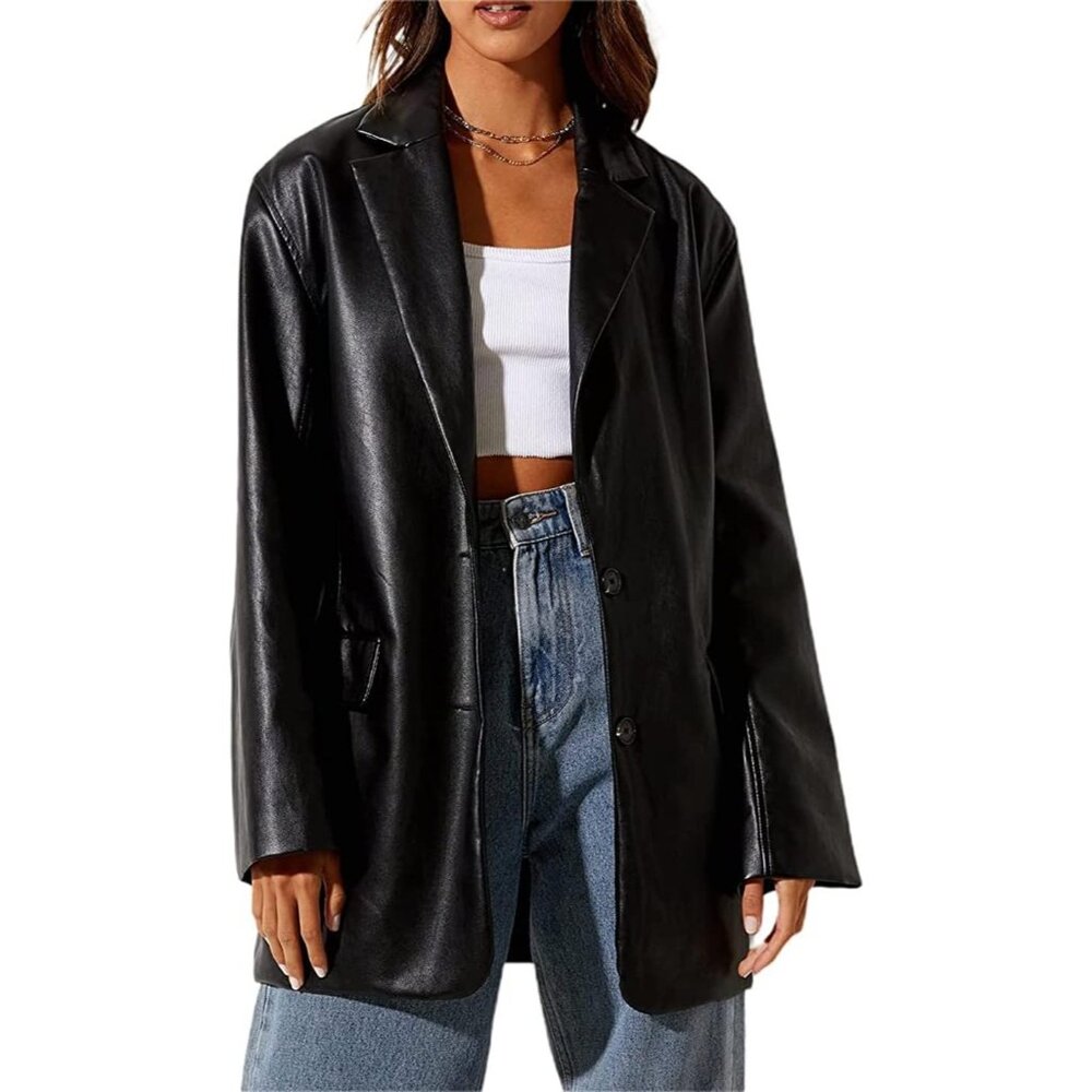 ✨Women Black Jackets Faux Leather Blazer Button Down Lapel Coat with Pockets